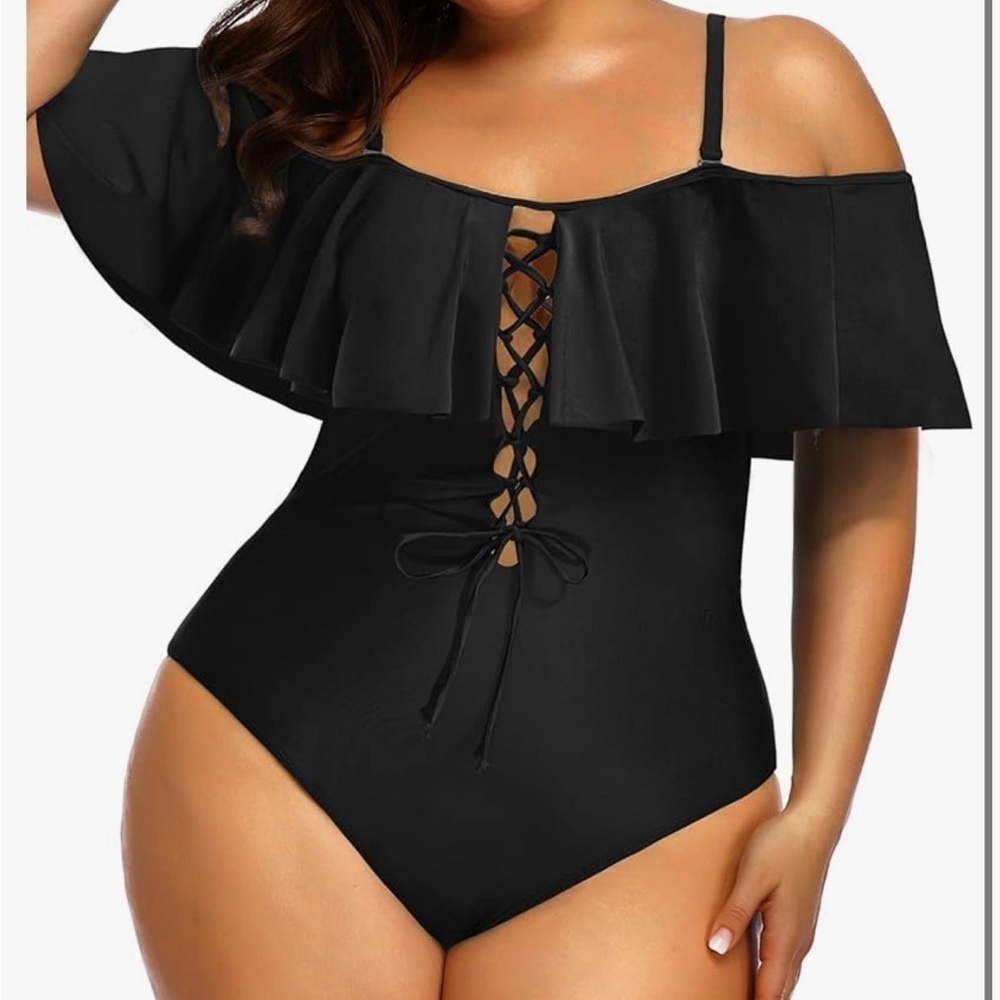 Aqua Eve Elegant Black Off-Shoulder Swimsuit
